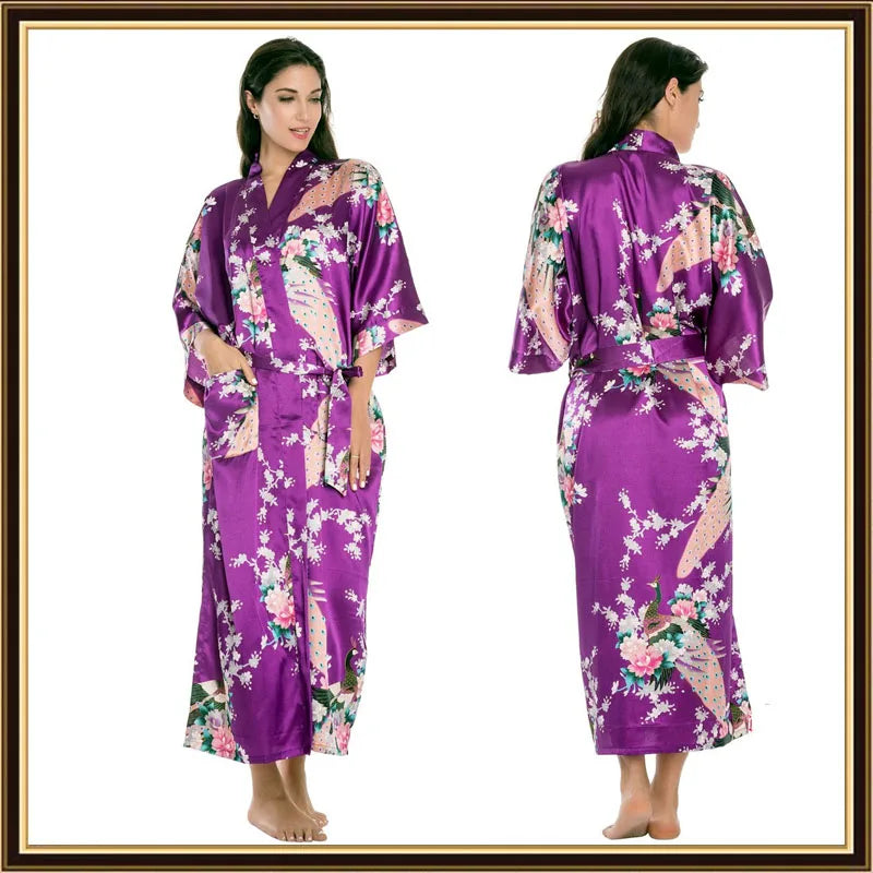 Half Sleeve Loose Style Woman Japanese Kimono Satin Silk Sleepwear Pajamas Peacock Spa Yukata Bathing Robe Lady's Long Dress