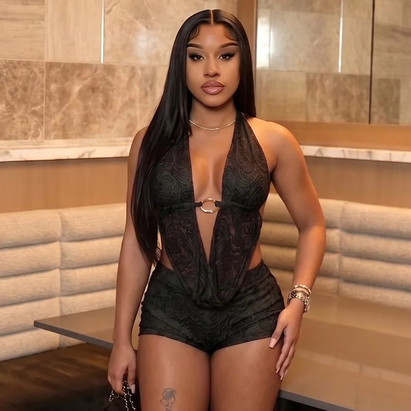 Custom Logo Women Summer Casual Lace Draped Collar Halter Backless Top Slim Shorts Color Blocking Suit