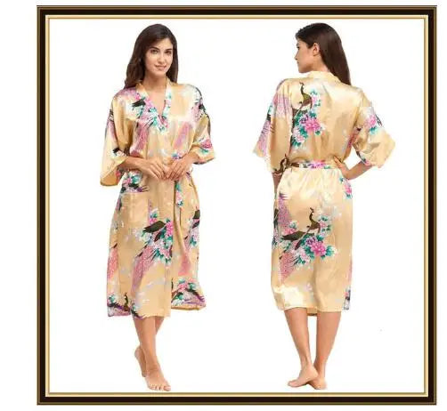 Half Sleeve Loose Style Woman Japanese Kimono Satin Silk Sleepwear Pajamas Peacock Spa Yukata Bathing Robe Lady's Long Dress