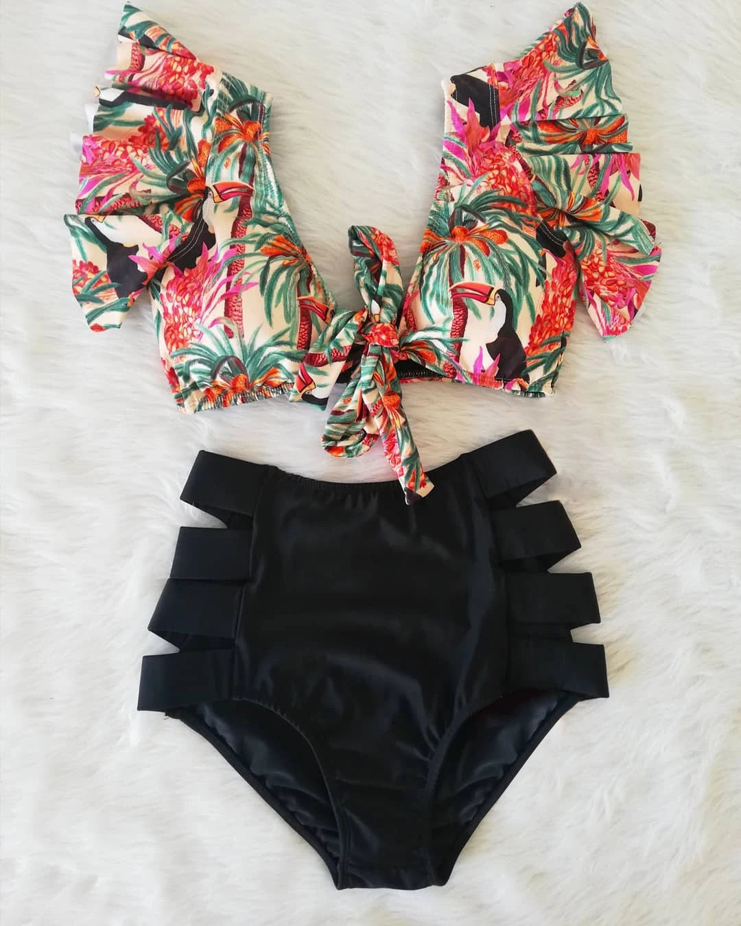 2026 High Waist Bandage Bikini Set For Women Floral Printed Ruffle Bikinis Push Up Strappy Brazilian Biquini Swimwear Swimsuit
