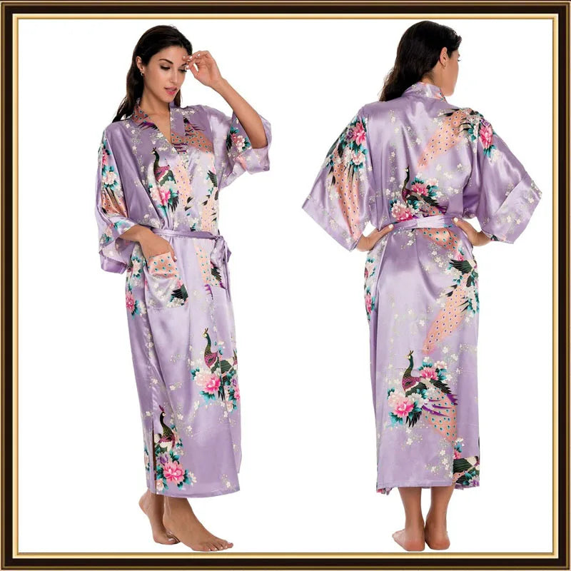 Half Sleeve Loose Style Woman Japanese Kimono Satin Silk Sleepwear Pajamas Peacock Spa Yukata Bathing Robe Lady's Long Dress