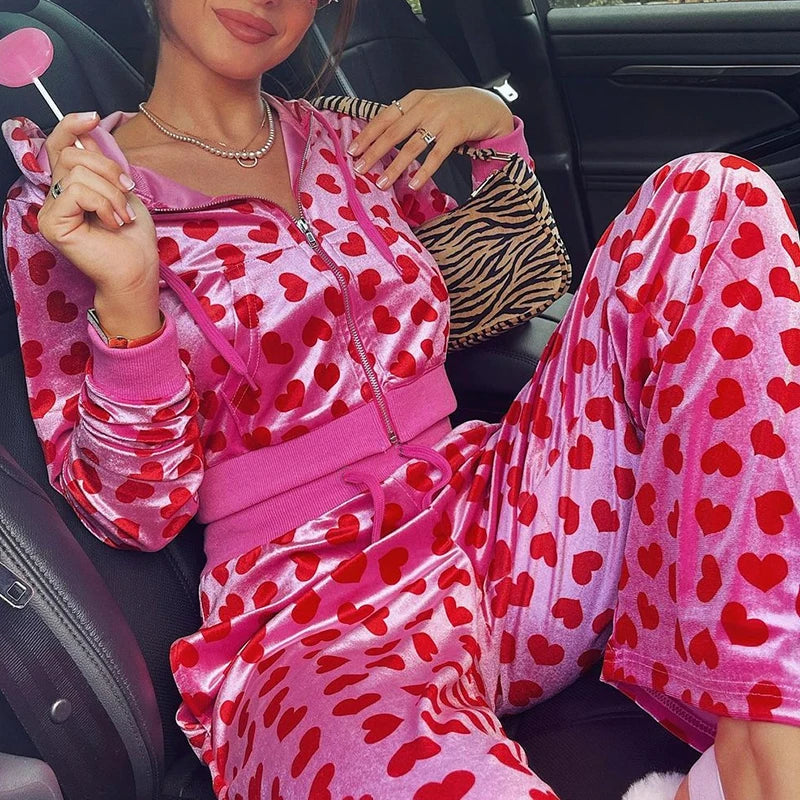 Y2K Heart Printed Pink Cute Crop Top Jacket Long Sleeve Autumn Velvet Coat Pocket Patchwork Baseball Jacket Harajuku Winter