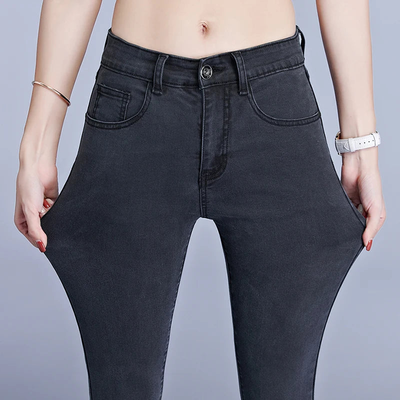 Jeans for Women mom Jeans blue gray black Woman High Elastic 36 38 40 Stretch Jeans female washed skinny pencil pants
