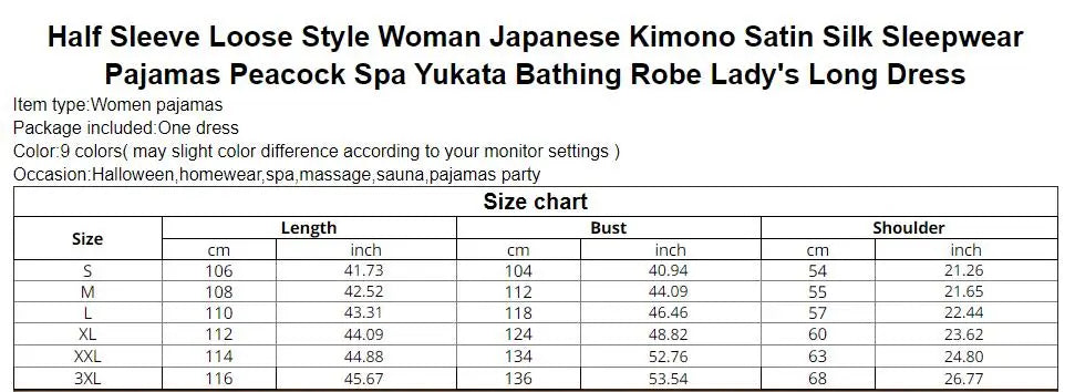 Half Sleeve Loose Style Woman Japanese Kimono Satin Silk Sleepwear Pajamas Peacock Spa Yukata Bathing Robe Lady's Long Dress