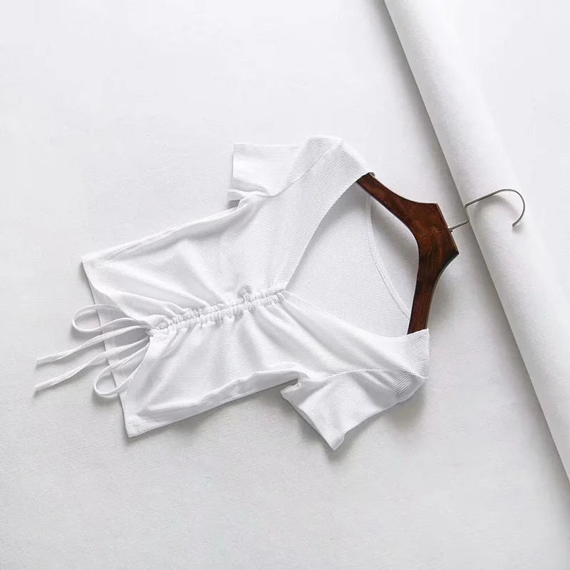 Sexy V Neck Cropped Tank Tops Women Drawstring Tie Up Front Camis Candy Colors Streetwear Slim Fit Ribbed Crop Top