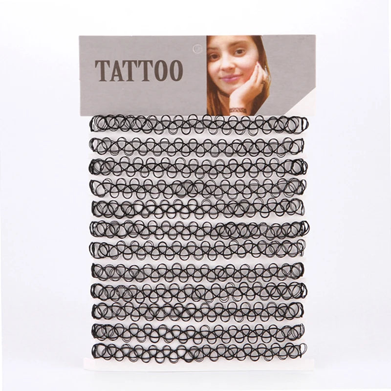 Choker Tattoo Necklace for Girls Gothic Chokers Necklaces for Women Elastic Hollow Punk Jewellery 12 pcs/Set