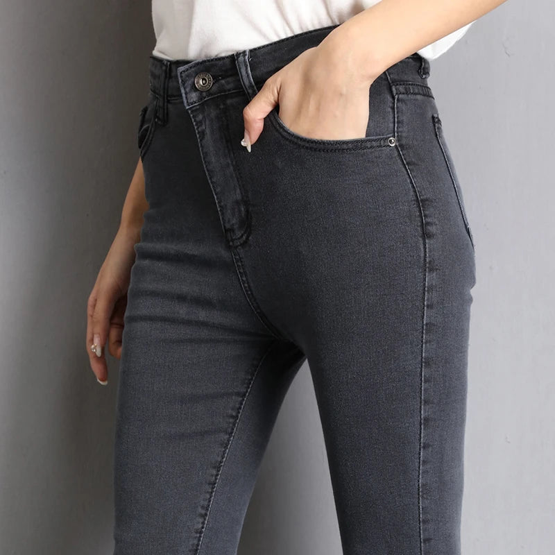 Jeans for Women mom Jeans blue gray black Woman High Elastic 36 38 40 Stretch Jeans female washed skinny pencil pants