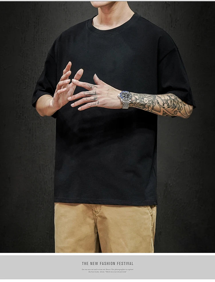 New Summer Men's T Shirt Fashion Solid T Shirt Mens Oversized Hip Hop Short Sleeve Casual Cotton Mens Streetwear Top Tees
