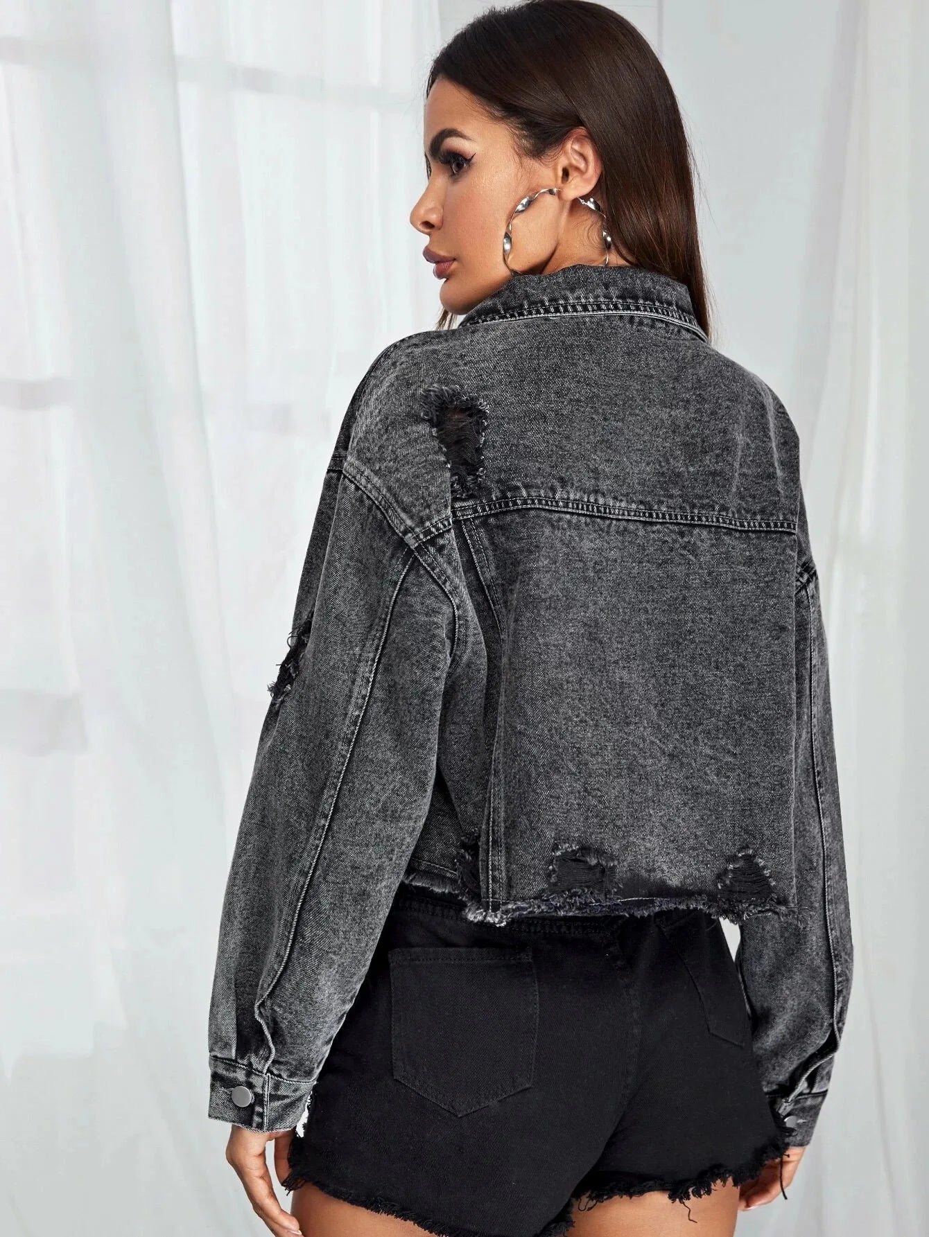 Donsignet Women's Jeans Jacket Spring Autumn New Fashion Burr Hole Coats Button Pockets Long Sleeve Black Casual Tops