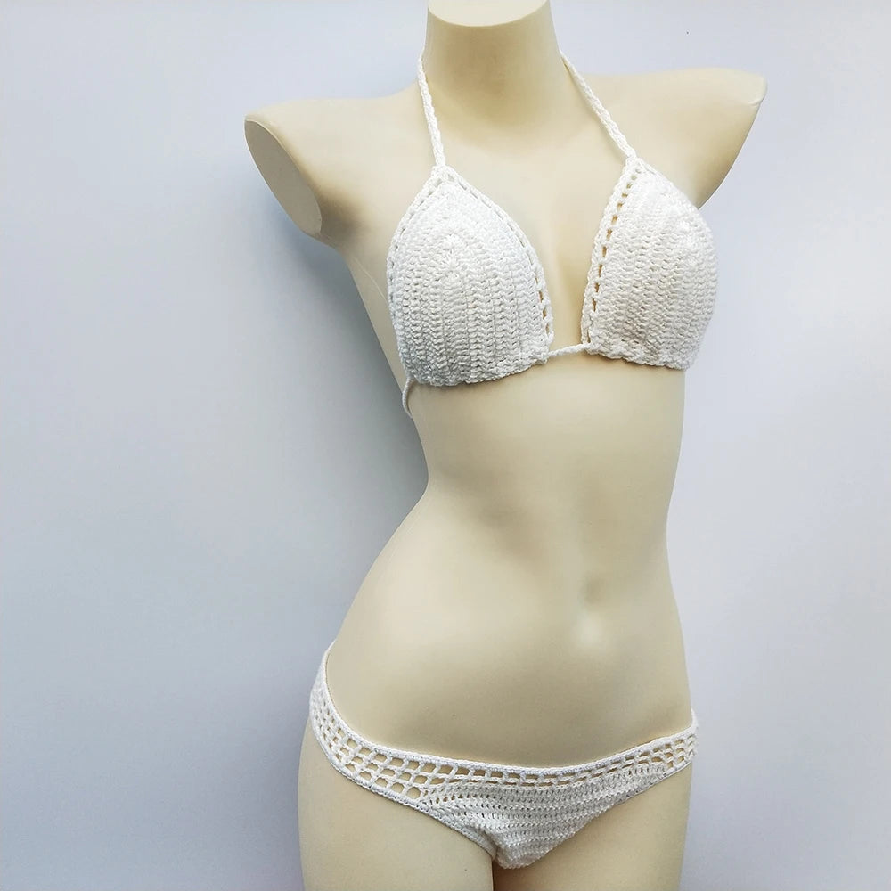 Have Lining Chest Pad Micro Bikini Set Women Crochet Sexy Swimsuit Solid Bikini Backless Swimwear Low Waist Bathing Suit Female