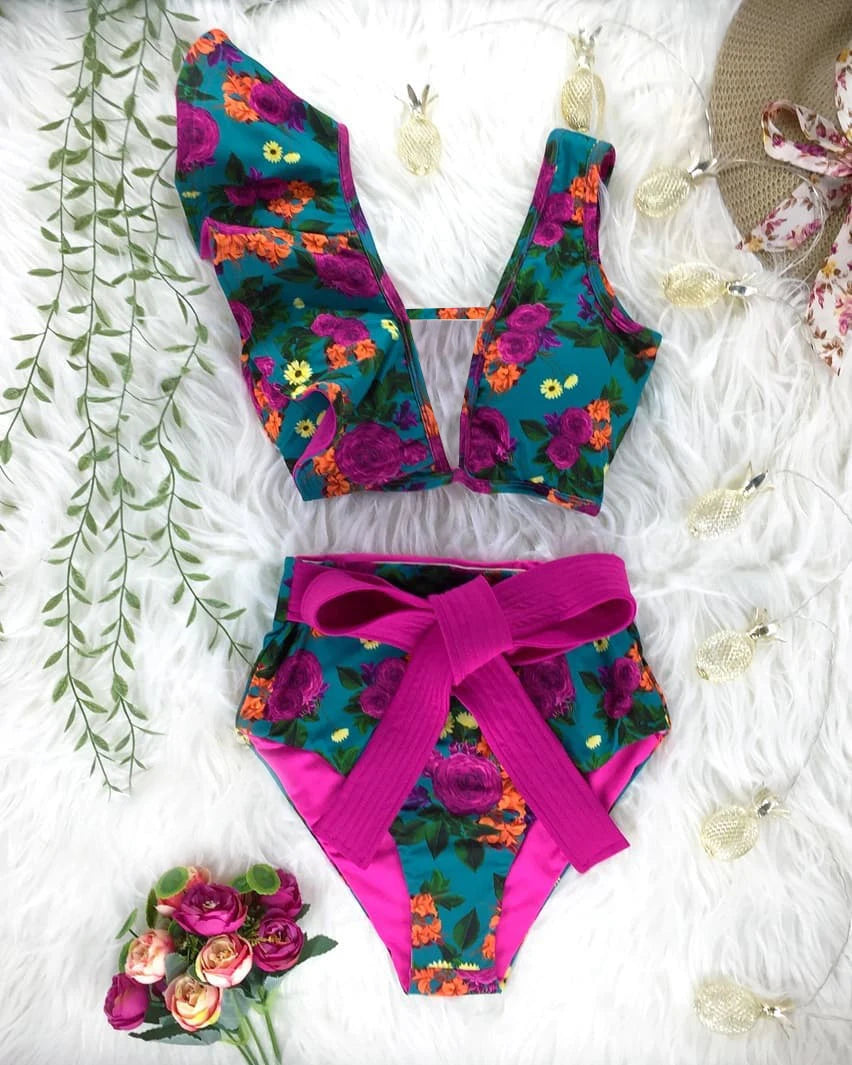 2026 High Waist Bandage Bikini Set For Women Floral Printed Ruffle Bikinis Push Up Strappy Brazilian Biquini Swimwear Swimsuit