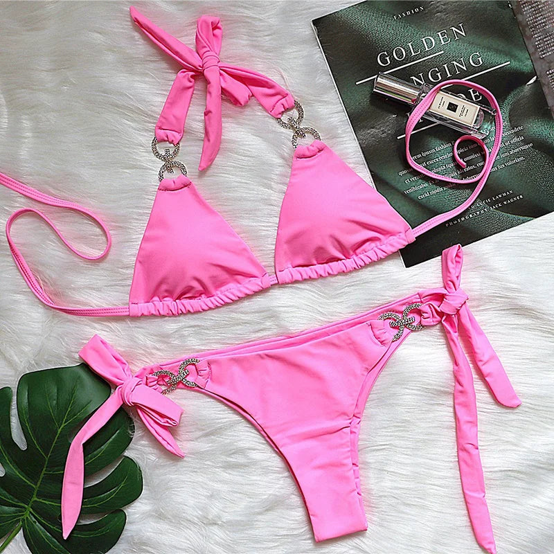 2025 Shiny Rhinestone Diamond Bikini Women Swimsuit Female Swimwear Two Pieces Bikini Set Halter Bathing Suit Swim Beach Wear