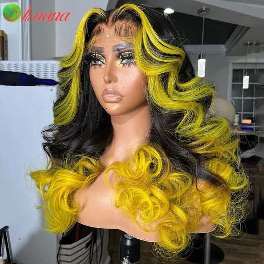 Highlights Yellow Colored Body Wave Wig HD 13x6 Lace Frontal Wig Ombre Pink Pre-Plucked Remy 100% Human Hair Wig For Black Women