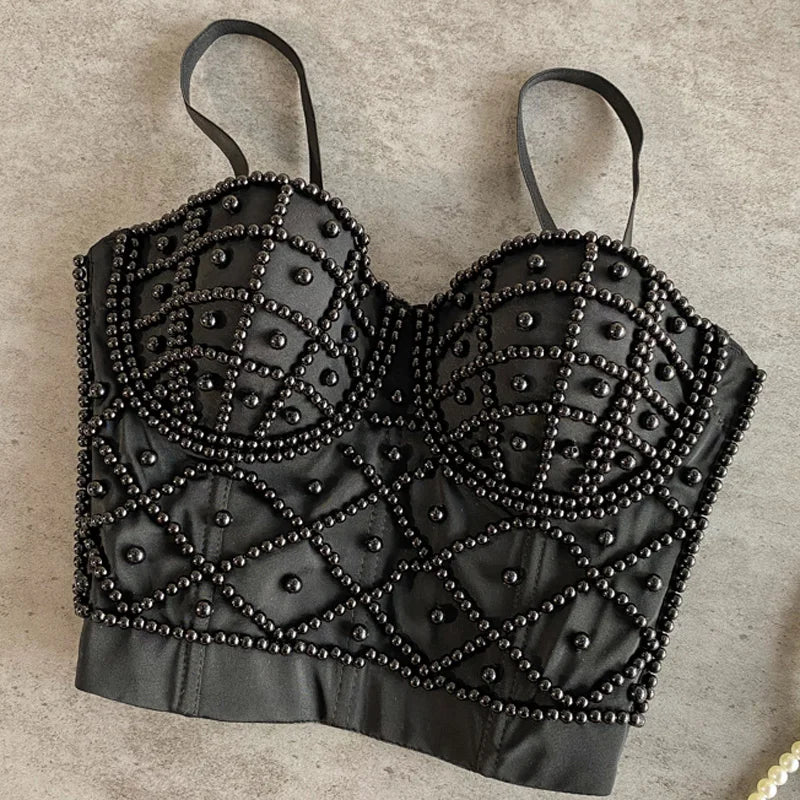 Full Beads Female Corset Top Women Camis Nightclub Pearls Short Chest Binder Sexy Camisole Mujer Lingerie Tube Bra Debardeur