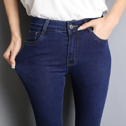 Jeans for Women mom Jeans blue gray black Woman High Elastic 36 38 40 Stretch Jeans female washed skinny pencil pants