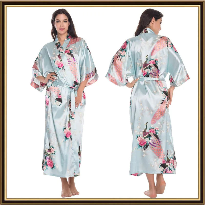 Half Sleeve Loose Style Woman Japanese Kimono Satin Silk Sleepwear Pajamas Peacock Spa Yukata Bathing Robe Lady's Long Dress