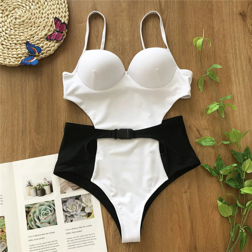 Vigoshely 2025 Sexy Push Up Swimwear Women Retro One Piece Swimsuit Female High Waist Belt Monokini Hollowed Bathing Suit Swim