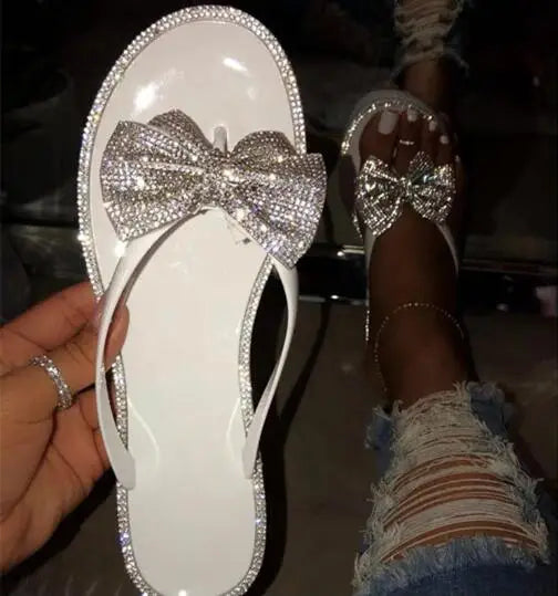 2024 Spring/Summer New Large Size Flip Flops Women Bow Knot Rhinestones Outdoor Leisure Beach Flat Home Sandals/Slippers