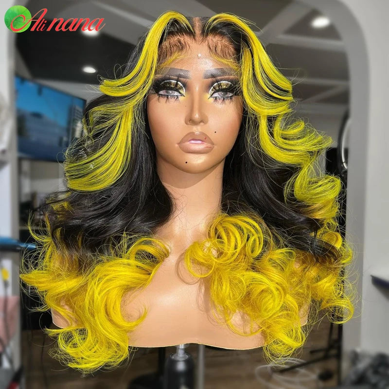 Highlights Yellow Colored Body Wave Wig HD 13x6 Lace Frontal Wig Ombre Pink Pre-Plucked Remy 100% Human Hair Wig For Black Women