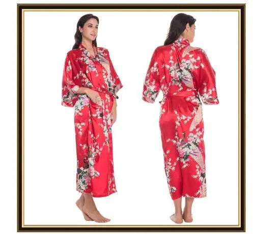 Half Sleeve Loose Style Woman Japanese Kimono Satin Silk Sleepwear Pajamas Peacock Spa Yukata Bathing Robe Lady's Long Dress