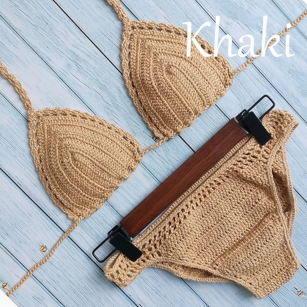 Have Lining Chest Pad Micro Bikini Set Women Crochet Sexy Swimsuit Solid Bikini Backless Swimwear Low Waist Bathing Suit Female
