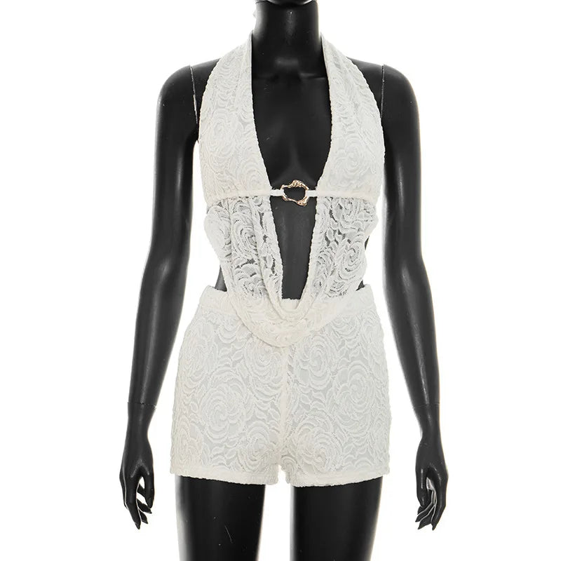 Custom Logo Women Summer Casual Lace Draped Collar Halter Backless Top Slim Shorts Color Blocking Suit