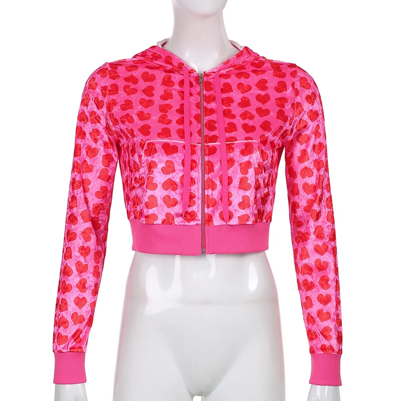 Y2K Heart Printed Pink Cute Crop Top Jacket Long Sleeve Autumn Velvet Coat Pocket Patchwork Baseball Jacket Harajuku Winter