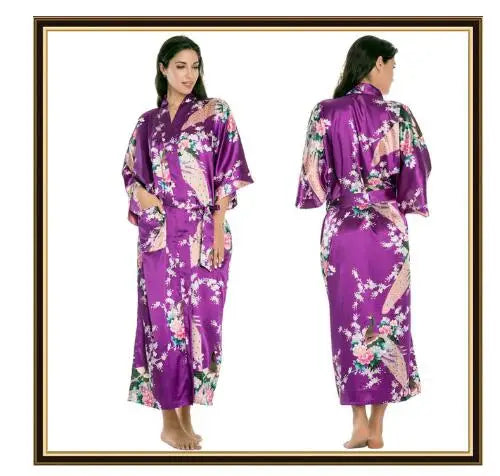 Half Sleeve Loose Style Woman Japanese Kimono Satin Silk Sleepwear Pajamas Peacock Spa Yukata Bathing Robe Lady's Long Dress