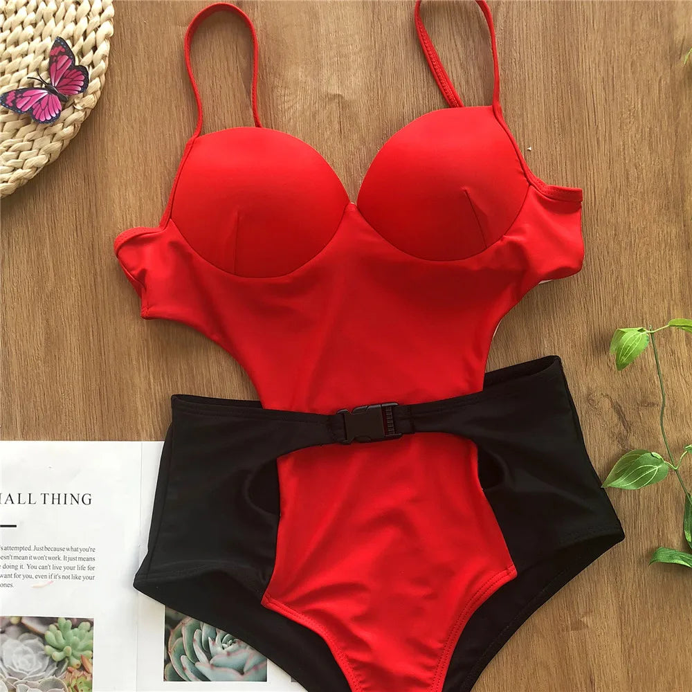 Vigoshely 2025 Sexy Push Up Swimwear Women Retro One Piece Swimsuit Female High Waist Belt Monokini Hollowed Bathing Suit Swim