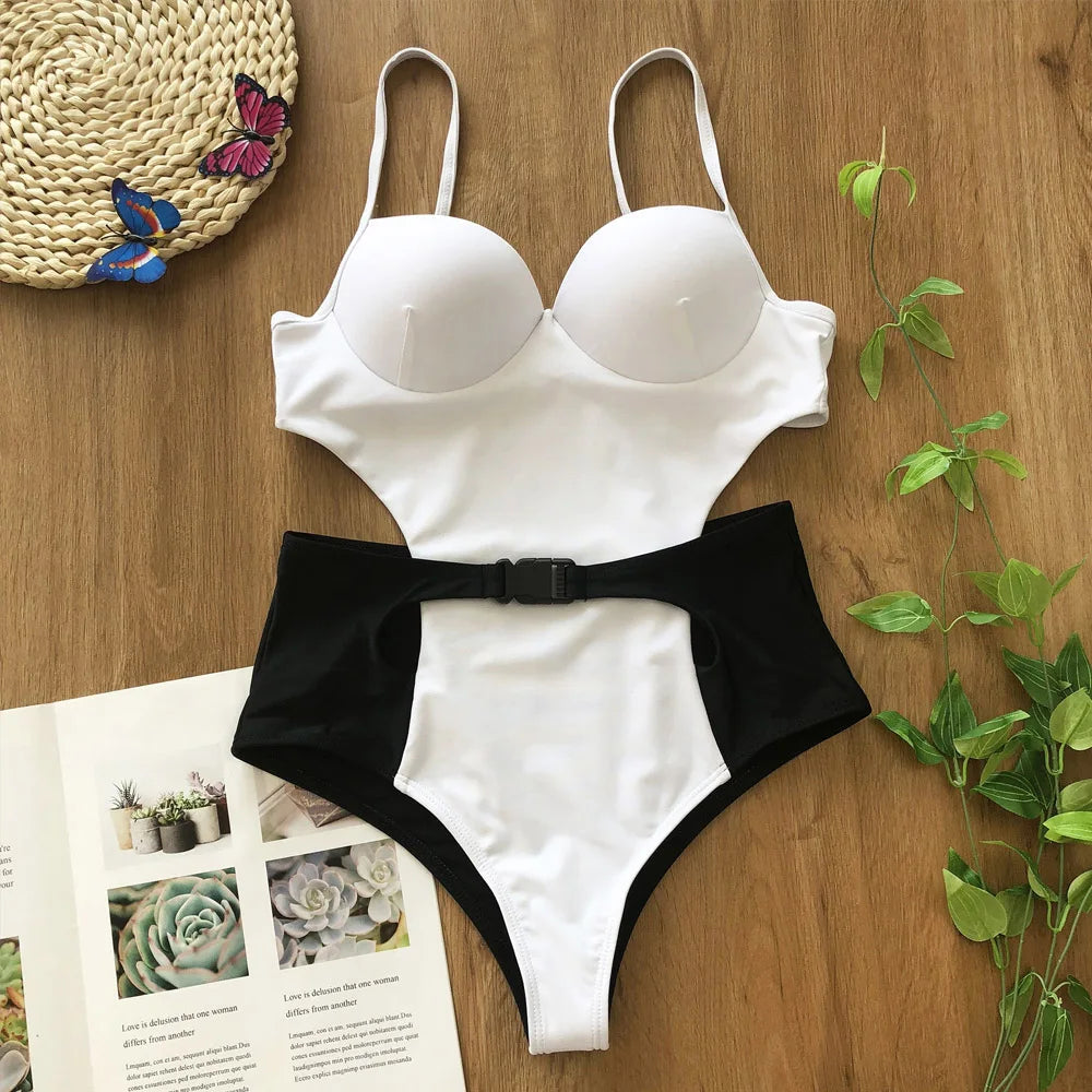 Vigoshely 2025 Sexy Push Up Swimwear Women Retro One Piece Swimsuit Female High Waist Belt Monokini Hollowed Bathing Suit Swim
