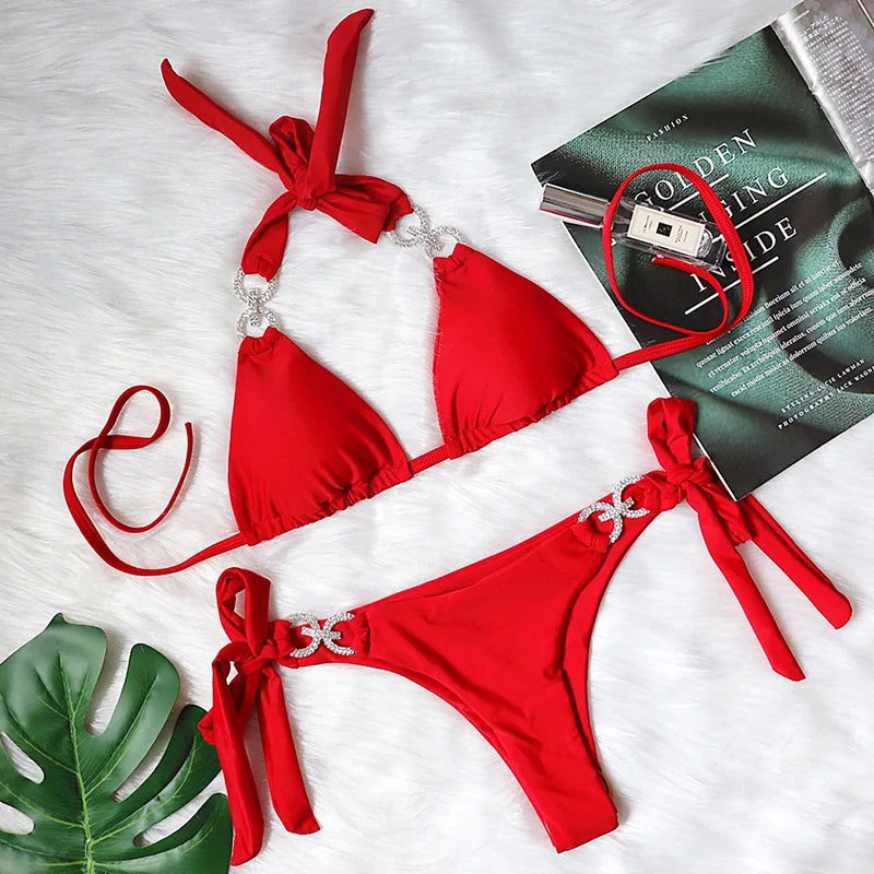 2025 Shiny Rhinestone Diamond Bikini Women Swimsuit Female Swimwear Two Pieces Bikini Set Halter Bathing Suit Swim Beach Wear