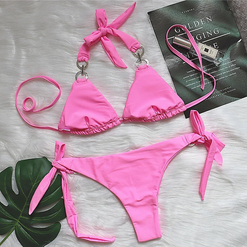 2025 Shiny Rhinestone Diamond Bikini Women Swimsuit Female Swimwear Two Pieces Bikini Set Halter Bathing Suit Swim Beach Wear
