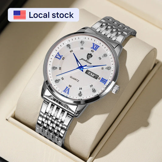 US Local Stock Gohuos 8806 Stainless Steel Quartz Men Watches Date Week Display Luminous Hands 30M Waterproof Wristwatch Reloj