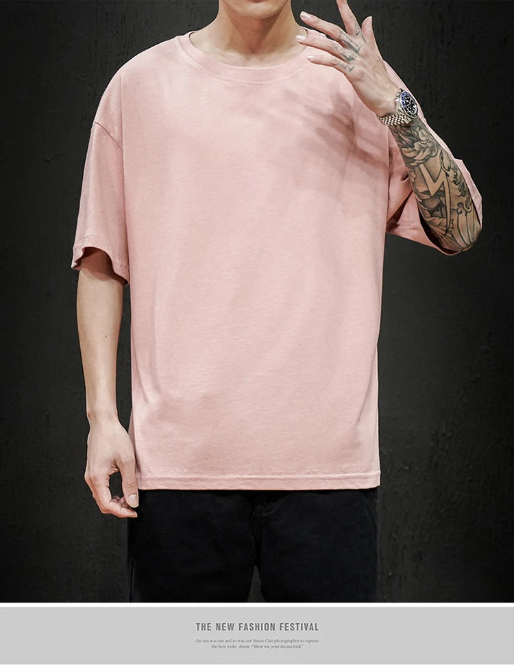 New Summer Men's T Shirt Fashion Solid T Shirt Mens Oversized Hip Hop Short Sleeve Casual Cotton Mens Streetwear Top Tees