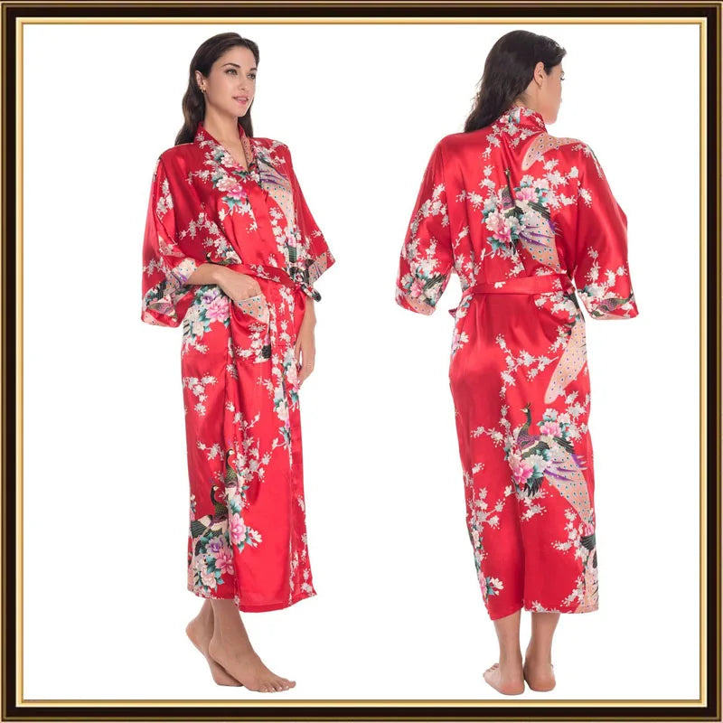 Half Sleeve Loose Style Woman Japanese Kimono Satin Silk Sleepwear Pajamas Peacock Spa Yukata Bathing Robe Lady's Long Dress