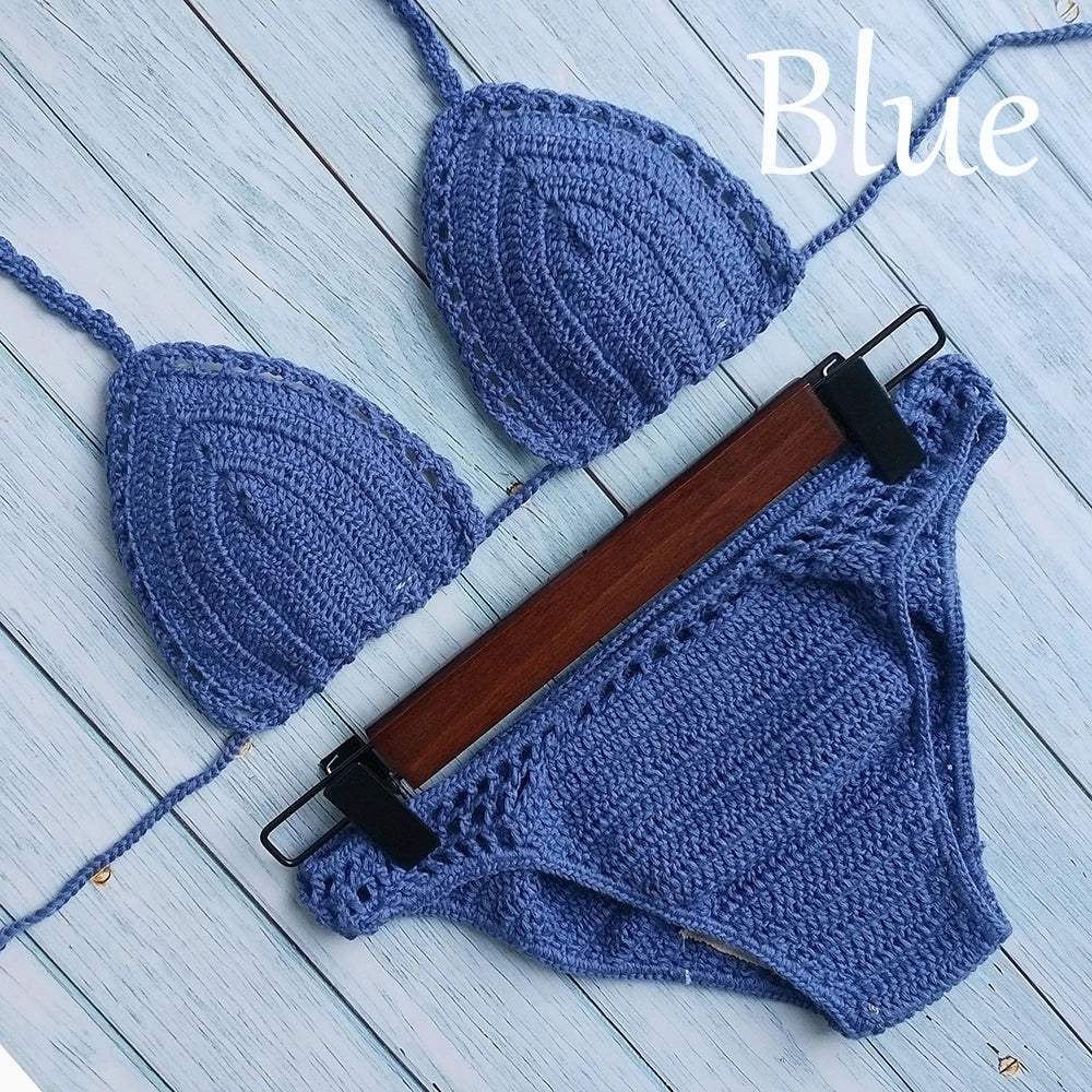 Have Lining Chest Pad Micro Bikini Set Women Crochet Sexy Swimsuit Solid Bikini Backless Swimwear Low Waist Bathing Suit Female