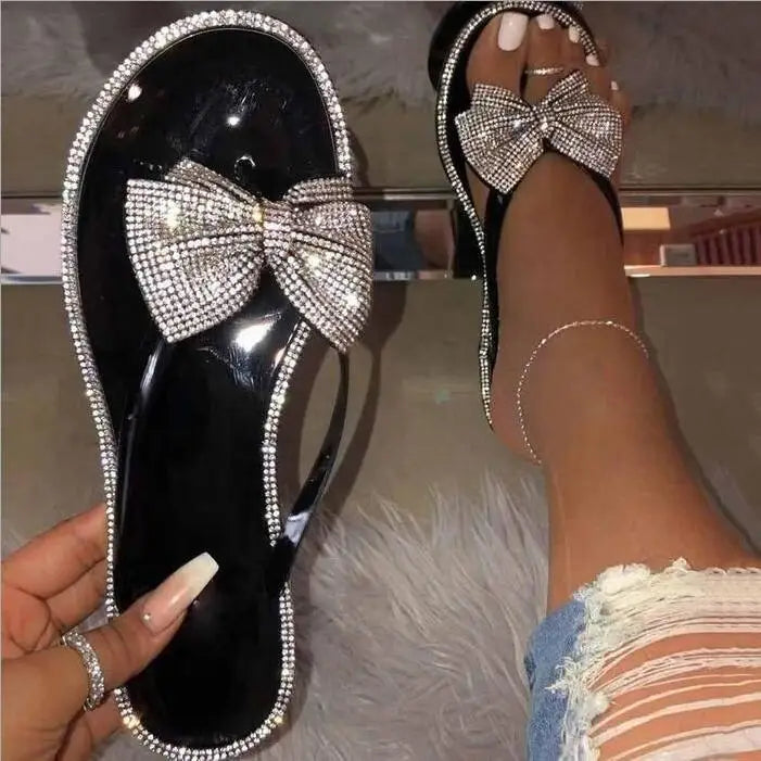 2024 Spring/Summer New Large Size Flip Flops Women Bow Knot Rhinestones Outdoor Leisure Beach Flat Home Sandals/Slippers