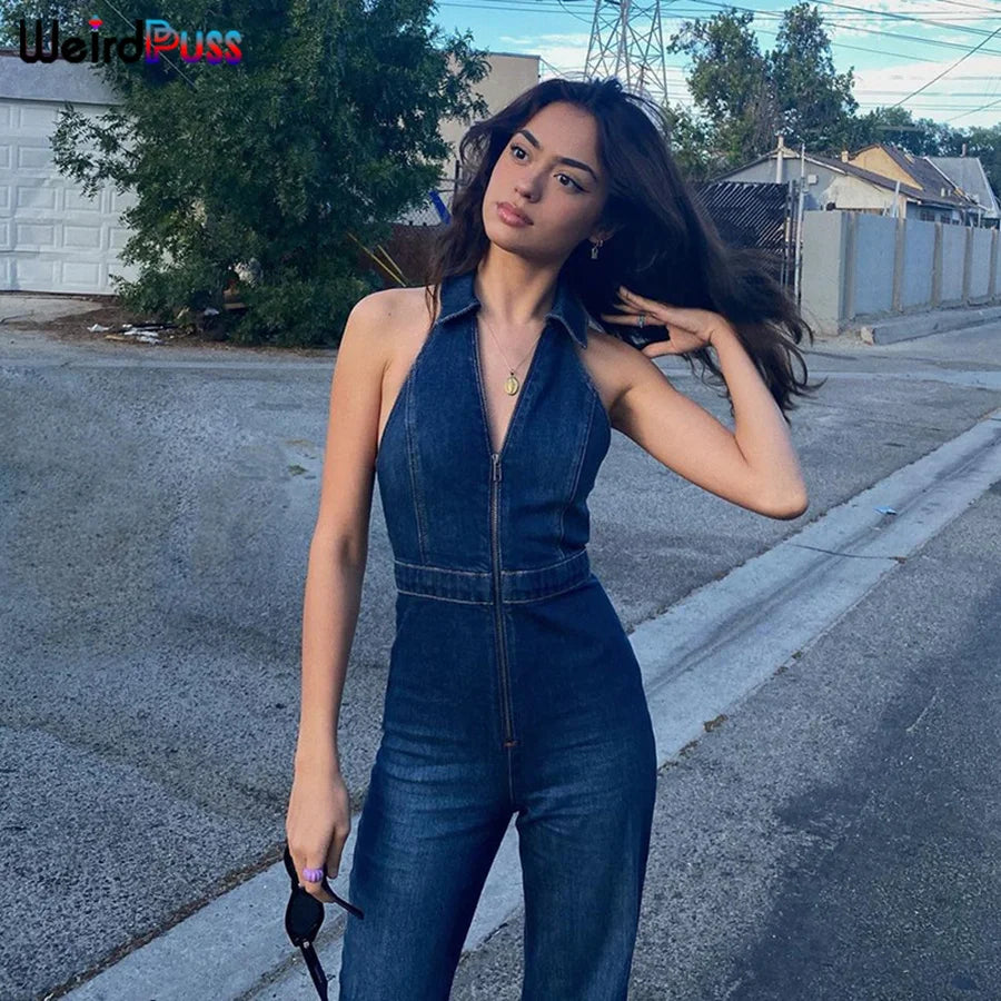 Weird Puss Cotton Elegant Denim Jumpsuit Women Sleeveless Zipper Fashion Hipster Casual High Street Wide Legs Activewear Outfits
