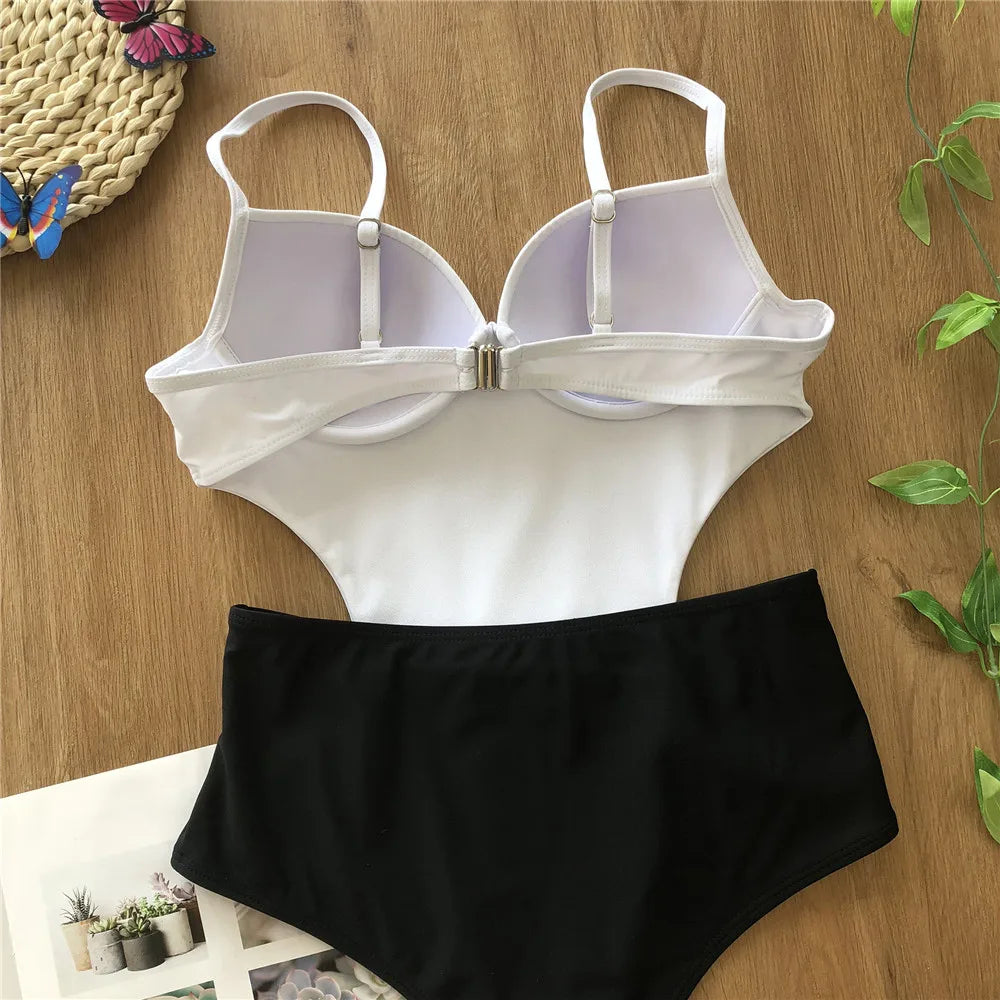 Vigoshely 2025 Sexy Push Up Swimwear Women Retro One Piece Swimsuit Female High Waist Belt Monokini Hollowed Bathing Suit Swim