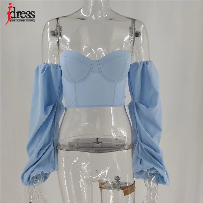 HBLL Hot White Blue Sexy Crop Top Solid Corset Boned Camis Party Top Tees Long Sleeve Short Chemise Blusas Puff Sleeve Shirt