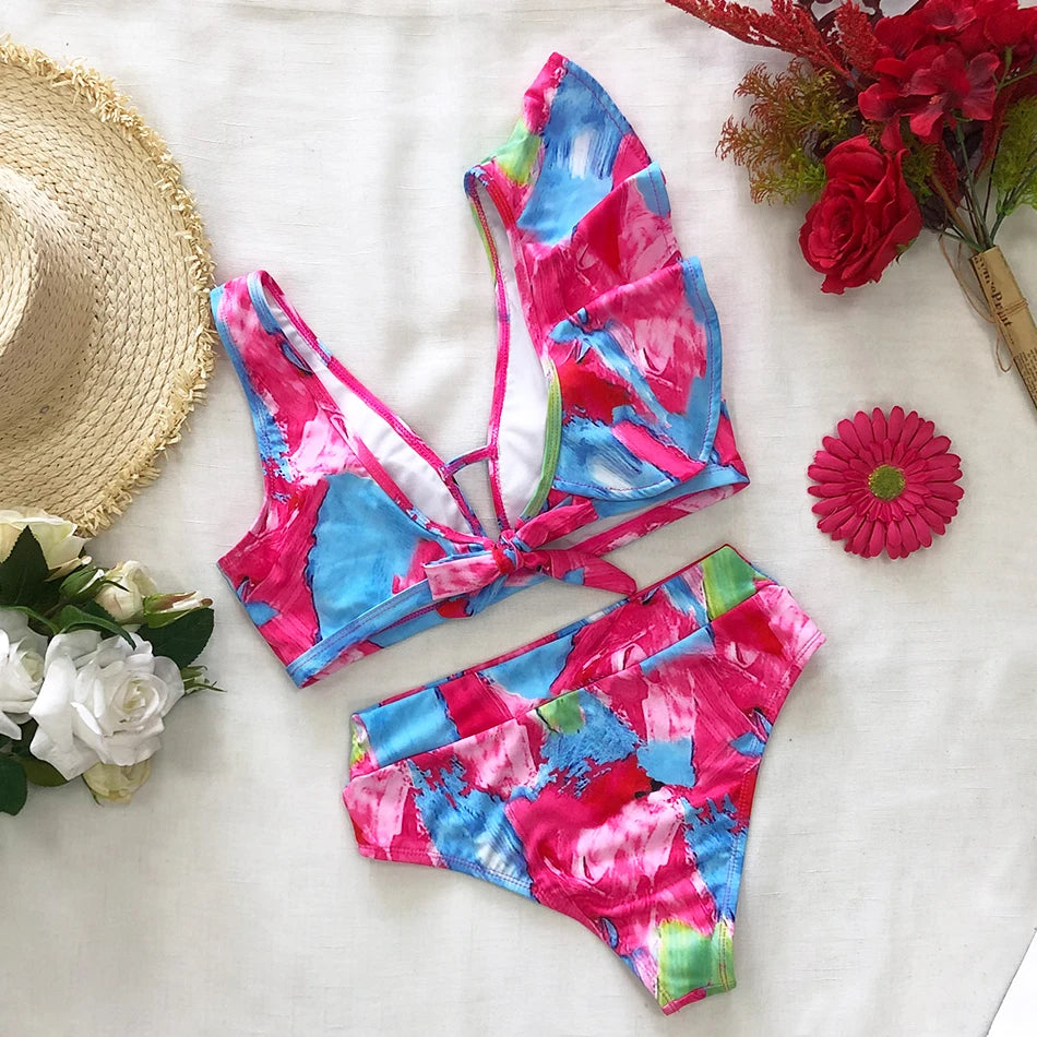 2026 High Waist Bandage Bikini Set For Women Floral Printed Ruffle Bikinis Push Up Strappy Brazilian Biquini Swimwear Swimsuit