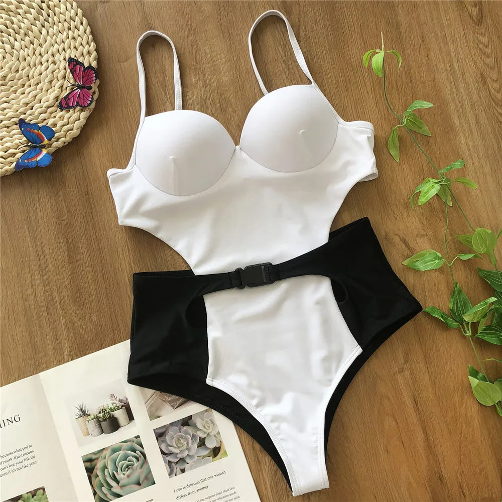 Vigoshely 2025 Sexy Push Up Swimwear Women Retro One Piece Swimsuit Female High Waist Belt Monokini Hollowed Bathing Suit Swim
