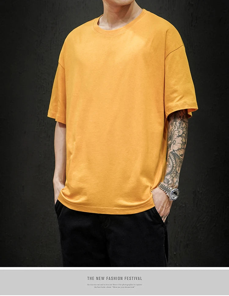 New Summer Men's T Shirt Fashion Solid T Shirt Mens Oversized Hip Hop Short Sleeve Casual Cotton Mens Streetwear Top Tees