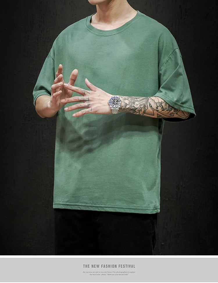 New Summer Men's T Shirt Fashion Solid T Shirt Mens Oversized Hip Hop Short Sleeve Casual Cotton Mens Streetwear Top Tees