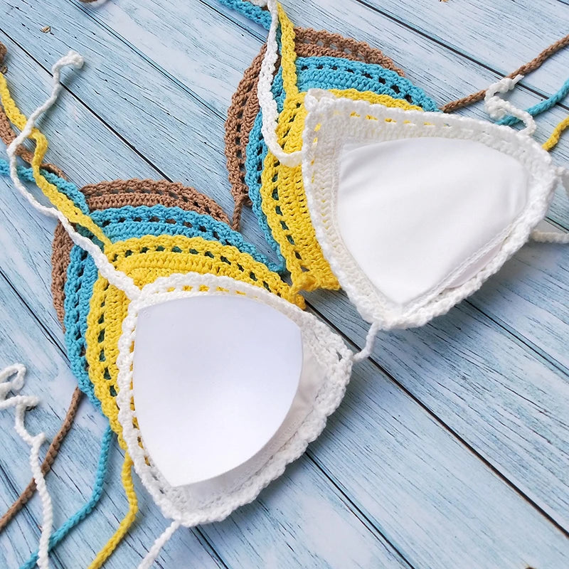 Have Lining Chest Pad Micro Bikini Set Women Crochet Sexy Swimsuit Solid Bikini Backless Swimwear Low Waist Bathing Suit Female