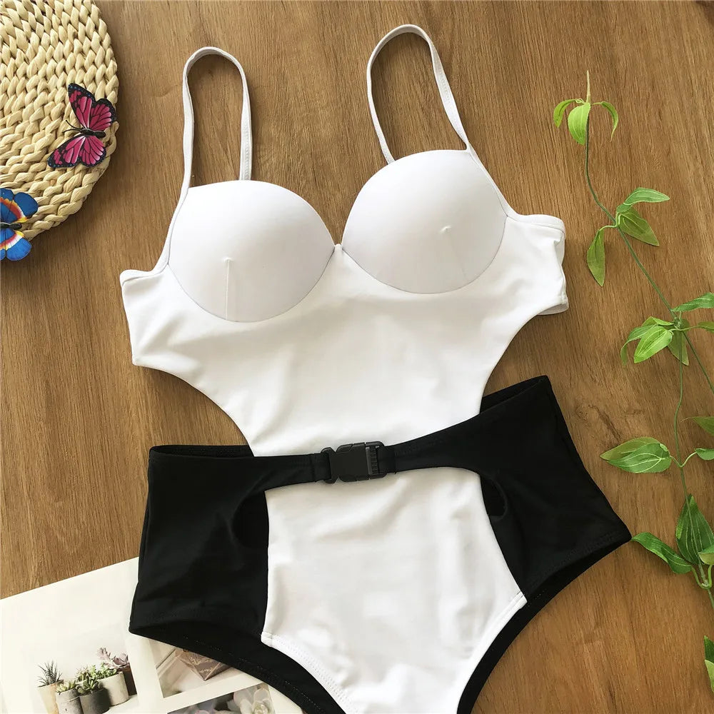 Vigoshely 2025 Sexy Push Up Swimwear Women Retro One Piece Swimsuit Female High Waist Belt Monokini Hollowed Bathing Suit Swim