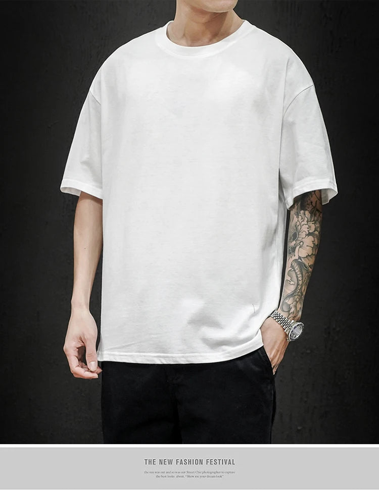 New Summer Men's T Shirt Fashion Solid T Shirt Mens Oversized Hip Hop Short Sleeve Casual Cotton Mens Streetwear Top Tees