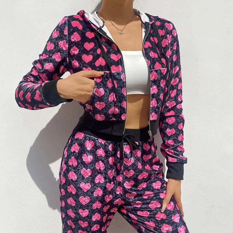 Y2K Heart Printed Pink Cute Crop Top Jacket Long Sleeve Autumn Velvet Coat Pocket Patchwork Baseball Jacket Harajuku Winter