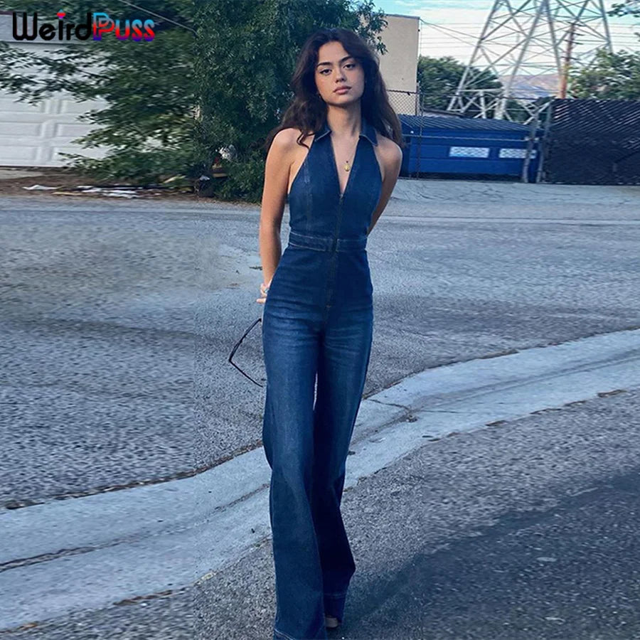 Weird Puss Cotton Elegant Denim Jumpsuit Women Sleeveless Zipper Fashion Hipster Casual High Street Wide Legs Activewear Outfits