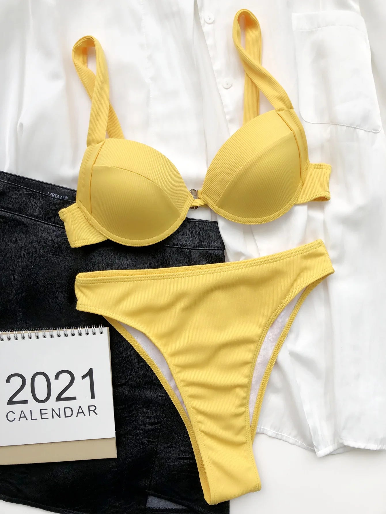 Women's High Waist Bikini, Underwire Padded Push Up Swimwear, Solid Black, White, Yellow, Green, Women Swimsuit, Bathing Suit